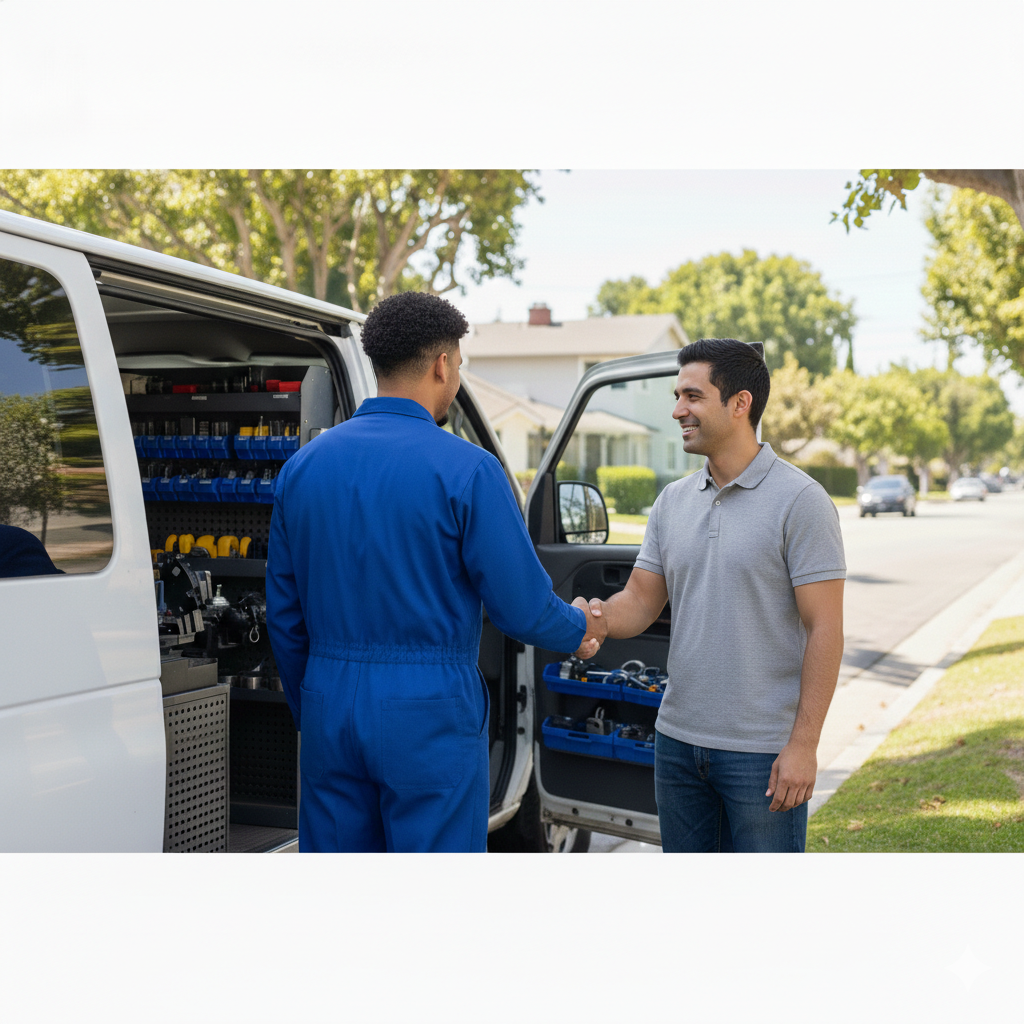 Satisfied customer receiving friendly, professional locksmith service with honest pricing
